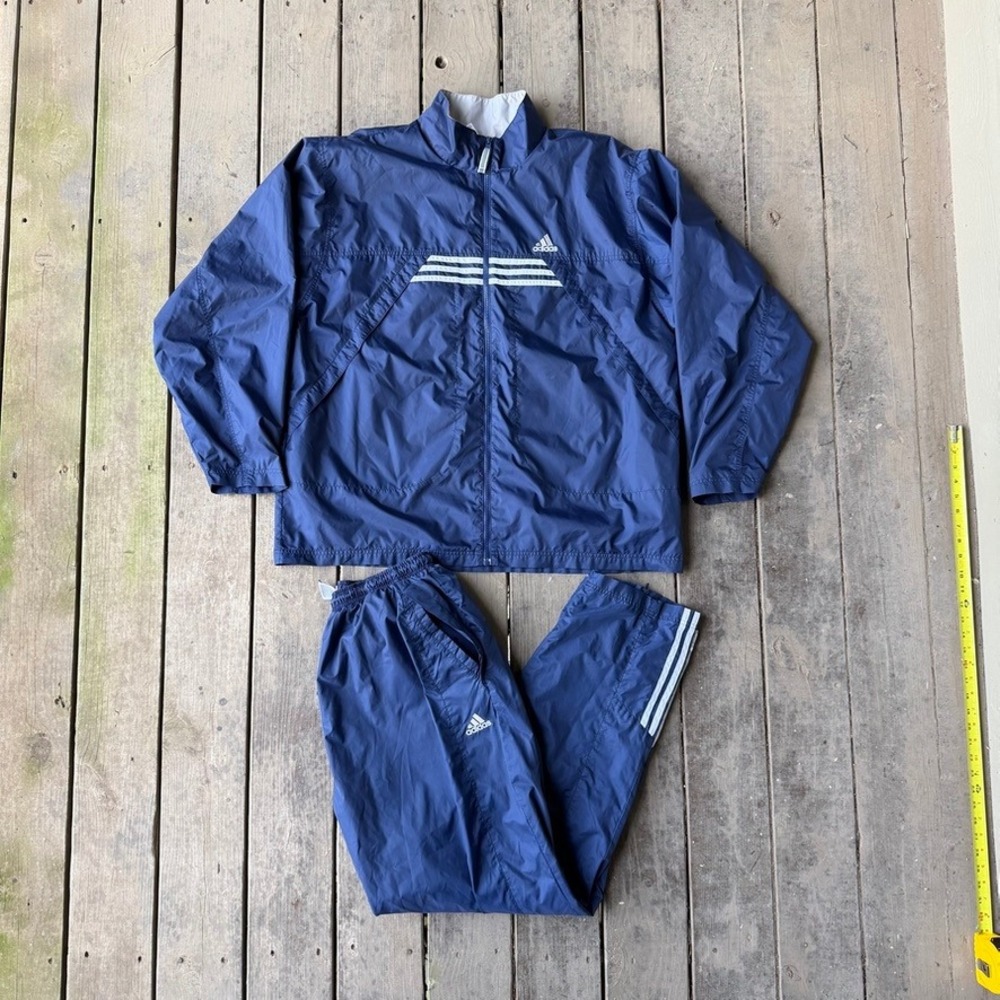 Adidas Vintage Navy Blue Nylon Windbreaker Tracksuit Jacket and Pants Set
